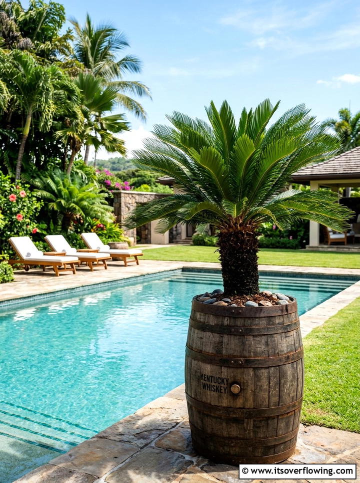 Tropical Palm Barrel Planter - 25 backyard ideas with barrel planter