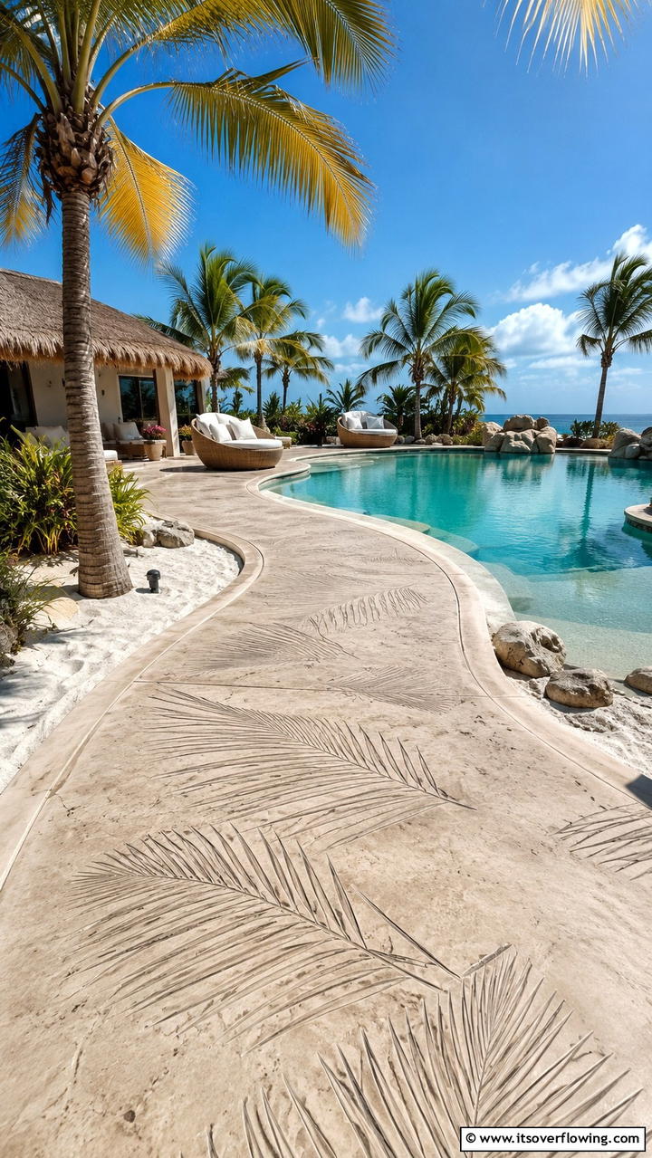 Tropical Palm Leaf Imprints - 20 Pool Walkway Ideas for a Stunning Backyard