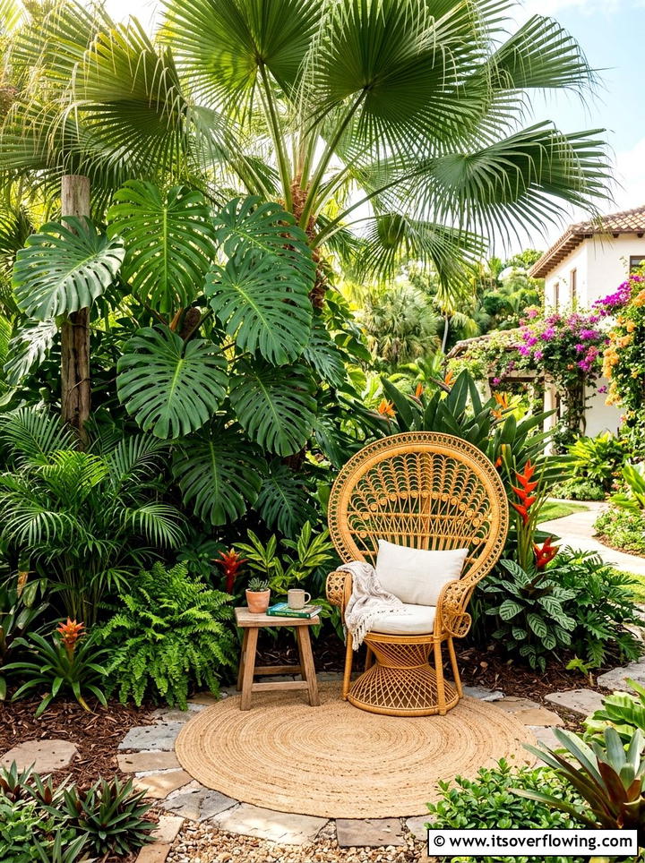Tropical Plant Corner With Rattan Chair - 25 small garden ideas with cozy seating