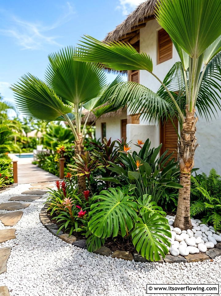 Tropical Plant Corner With White Gravel - 25 cheap garden ideas with gravel