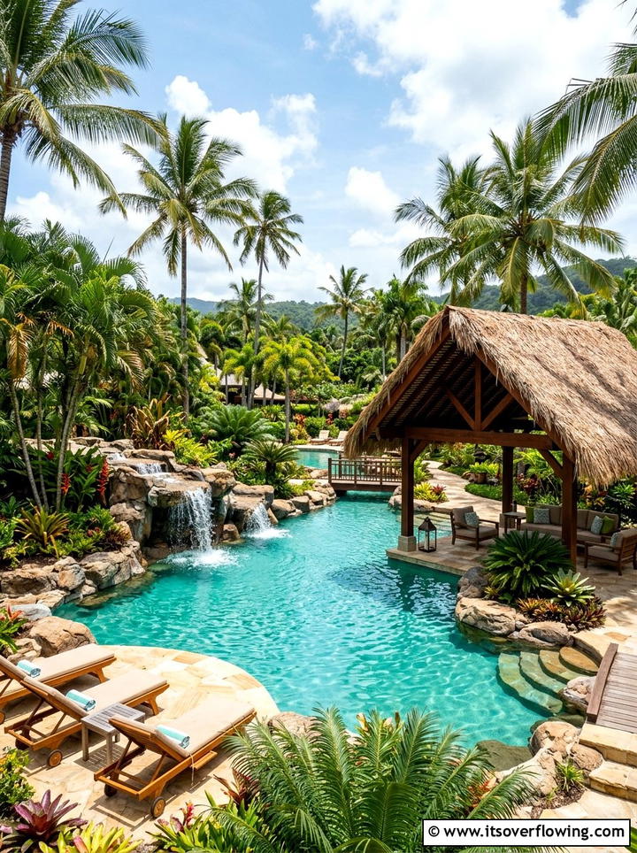 Tropical Pool Landscape With Thatched Pergola - 25 backyard ideas with pool and pergola