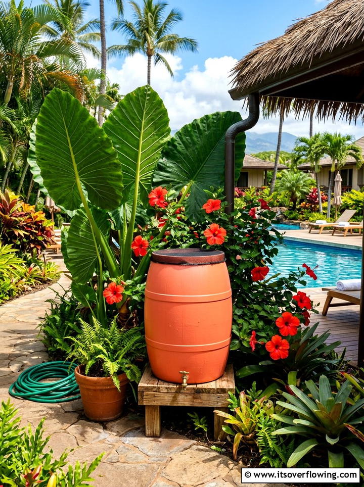 Tropical Rain Barrel Setup - 25 upcycled garden ideas with rain barrels