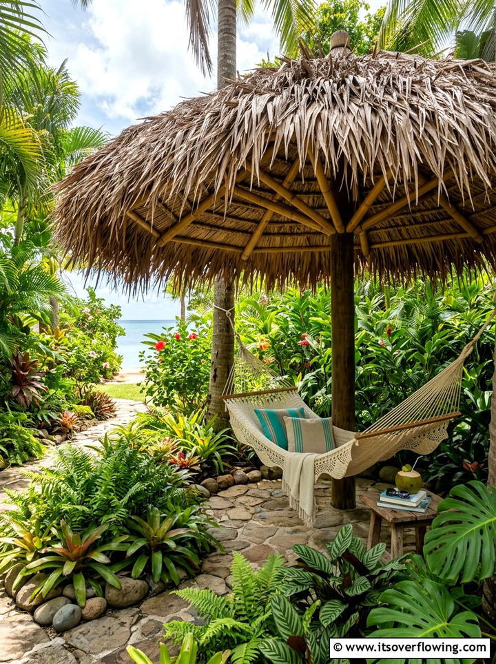 Tropical Thatch Umbrella - 25 backyard ideas with umbrellas