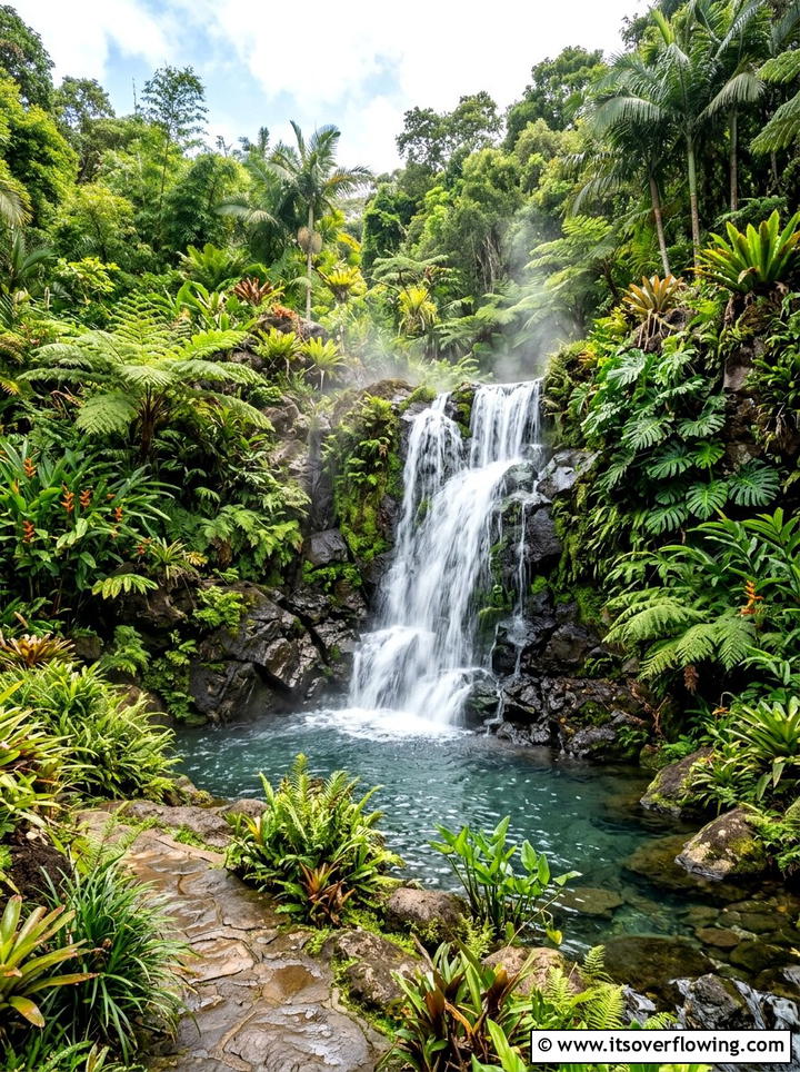 Tropical Waterfall Feature - 25 creative garden ideas with tropical foliage