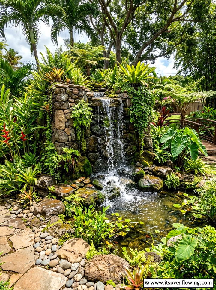 Tropical Waterfall Feature - 25 backyard ideas with tropical plants