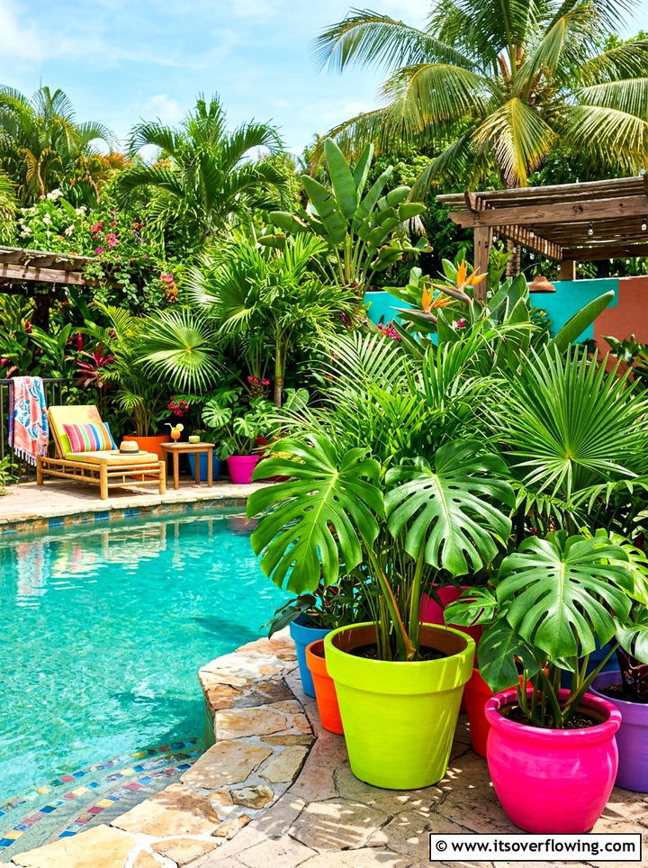 Tropical backyard with neon painted containers - 25 creative garden ideas with painted planters