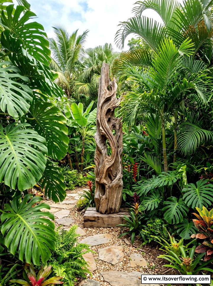 Tropical backyard with wood sculpture - 25 garden ideas with driftwood sculptures
