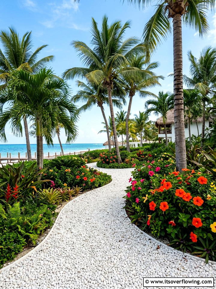Tropical garden with white pebbles - 25 garden decor ideas with pebble accents