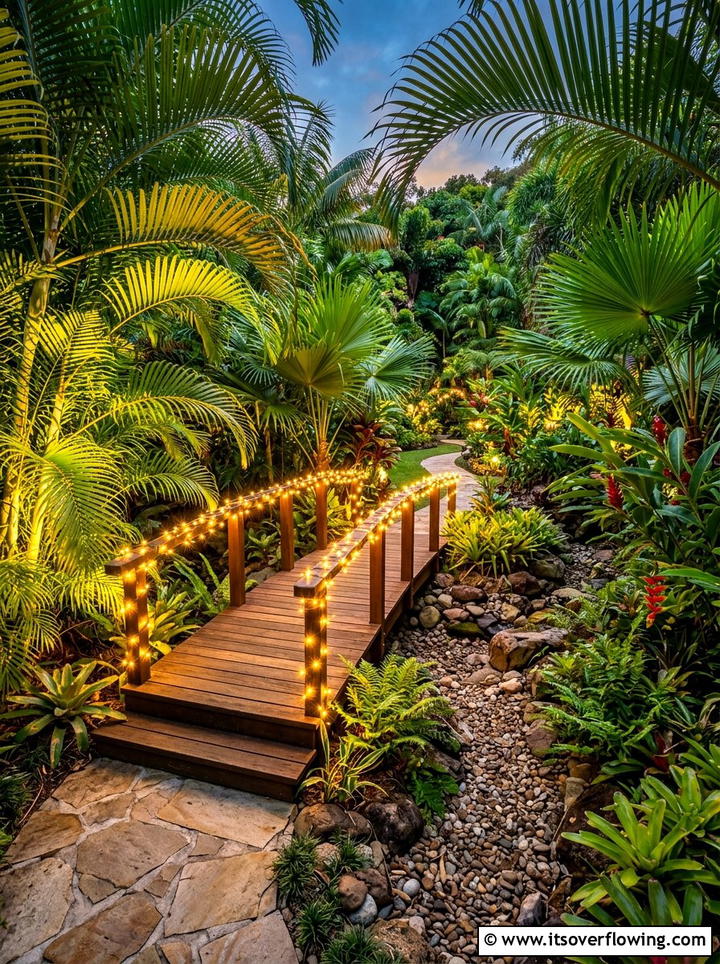 Tropical garden with wooden bridge lights - 25 creative garden ideas with fairy light pathways