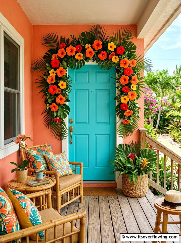 Tropical hibiscus front door garland - 25 front porch ideas with floral garland