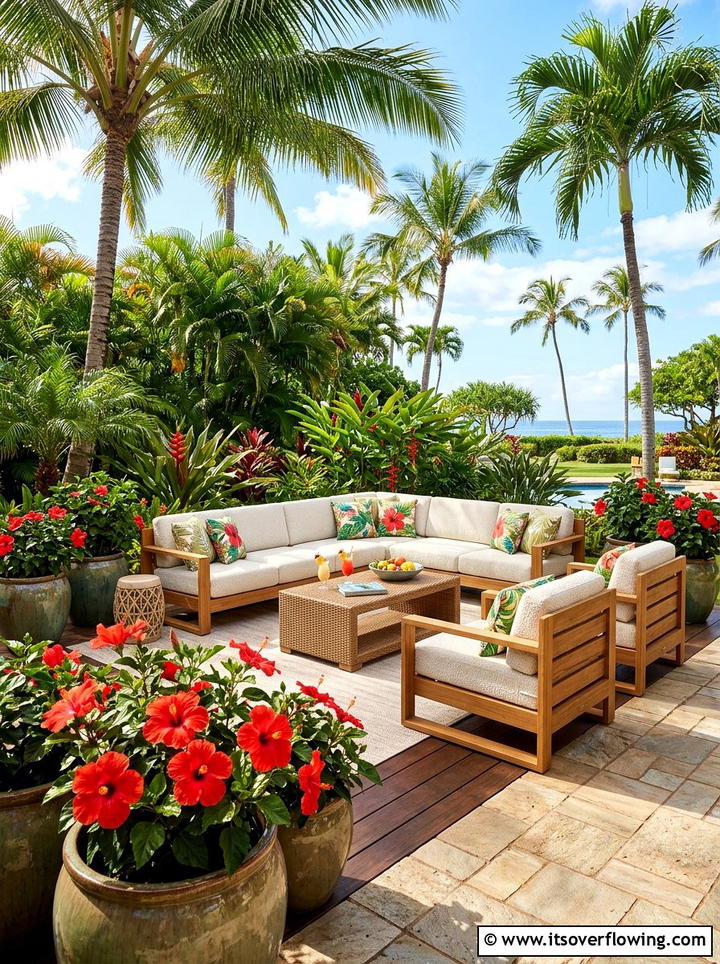 Tropical hibiscus patio - 25 garden design ideas with seasonal flowers