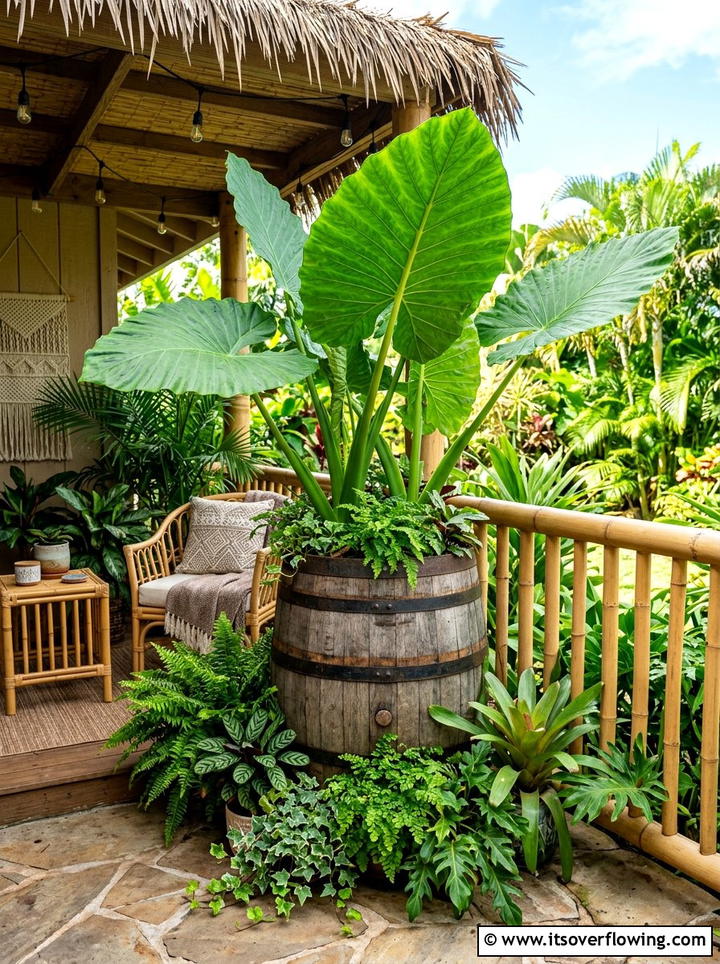 Tropical leaf barrel planter - 25 front porch ideas with barrel planters
