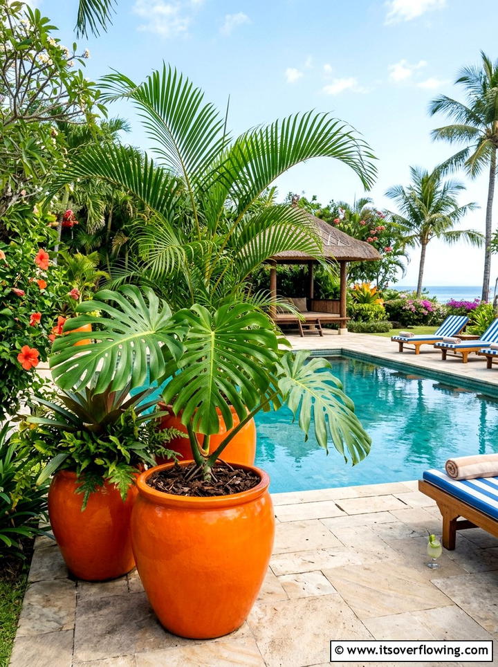 Tropical leaf pot arrangement - 25 garden design ideas with pot displays