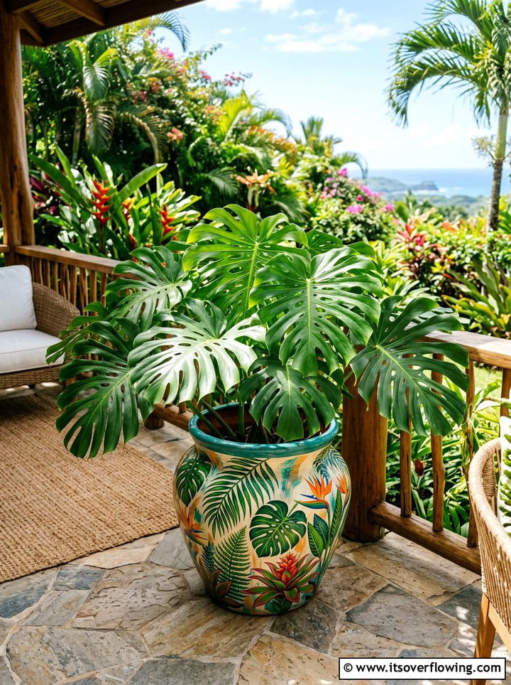 Tropical palm leaf painted pot - 25 front porch ideas with painted pots