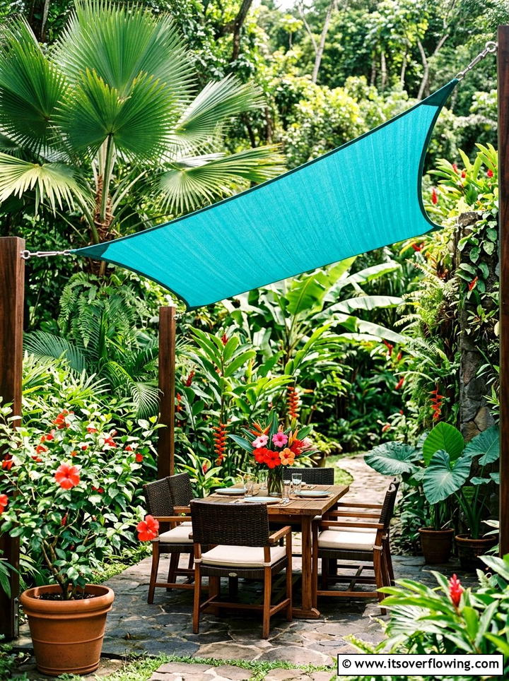 Tropical patio shade sail - 25 backyard decorating ideas with shade sail