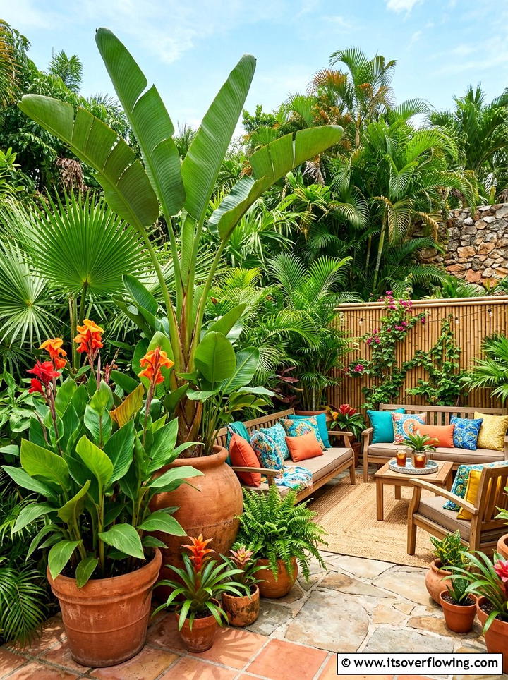 Tropical patio theme - 25 small garden ideas with low maintenance plants