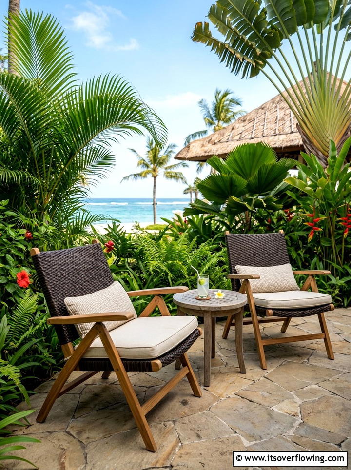 Tropical patio with woven folding chairs - 25 small garden ideas with foldable seating