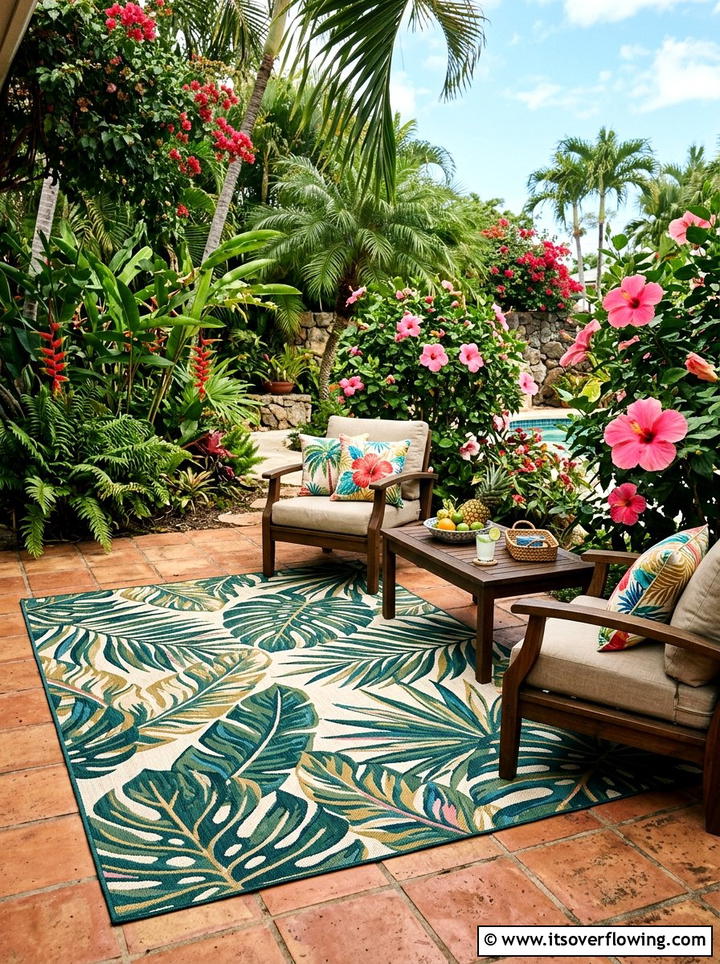 Tropical pattern rug for backyard - 25 garden decor ideas with outdoor rugs