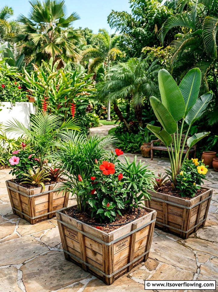Tropical plant crate garden - 25 backyard ideas with crate planters