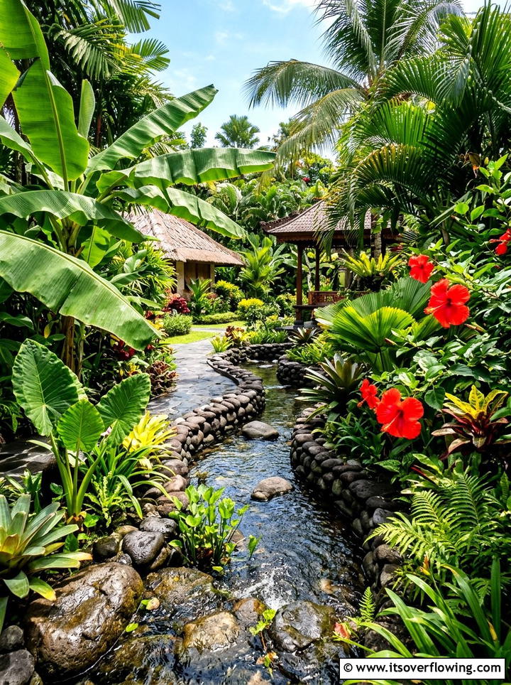 Tropical plant stone channel - 25 garden design ideas with dry creek beds