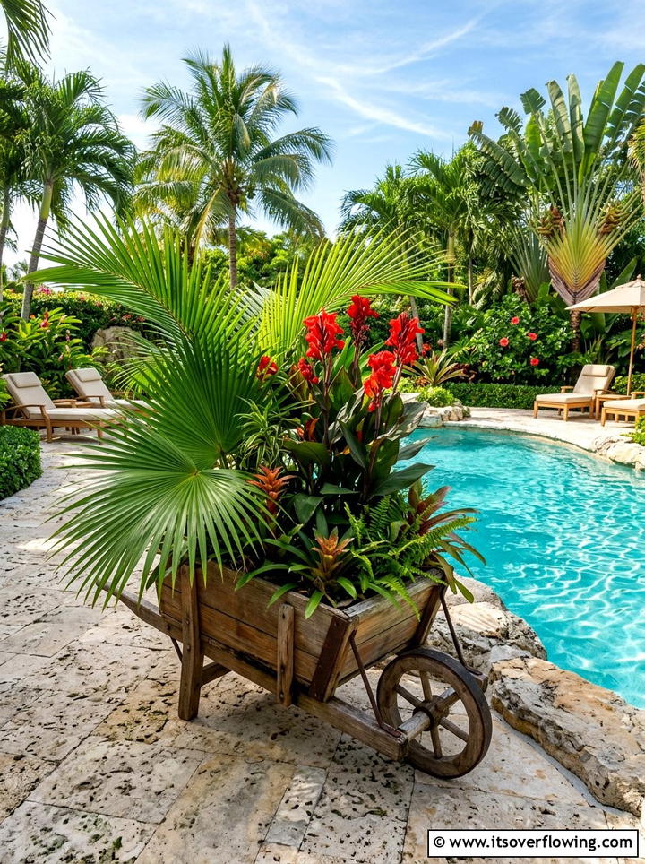 Tropical plant wheelbarrow - 25 upcycled garden ideas with old wheelbarrows