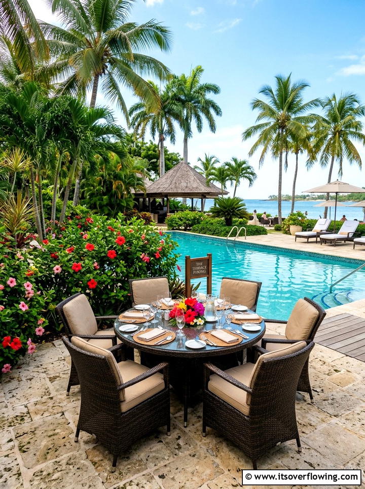 Tropical poolside dining - 25 creative garden ideas with outdoor dining spaces