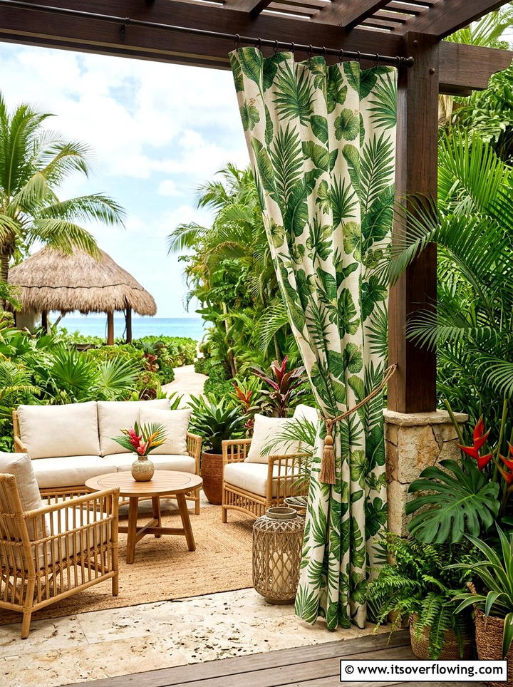 Tropical print outdoor curtains - 25 backyard ideas with pergola curtains