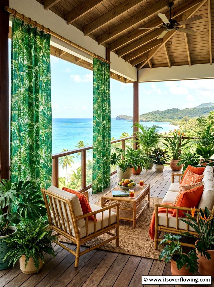 Tropical terrace with leaf pattern curtains - 25 backyard decorating ideas with outdoor curtains