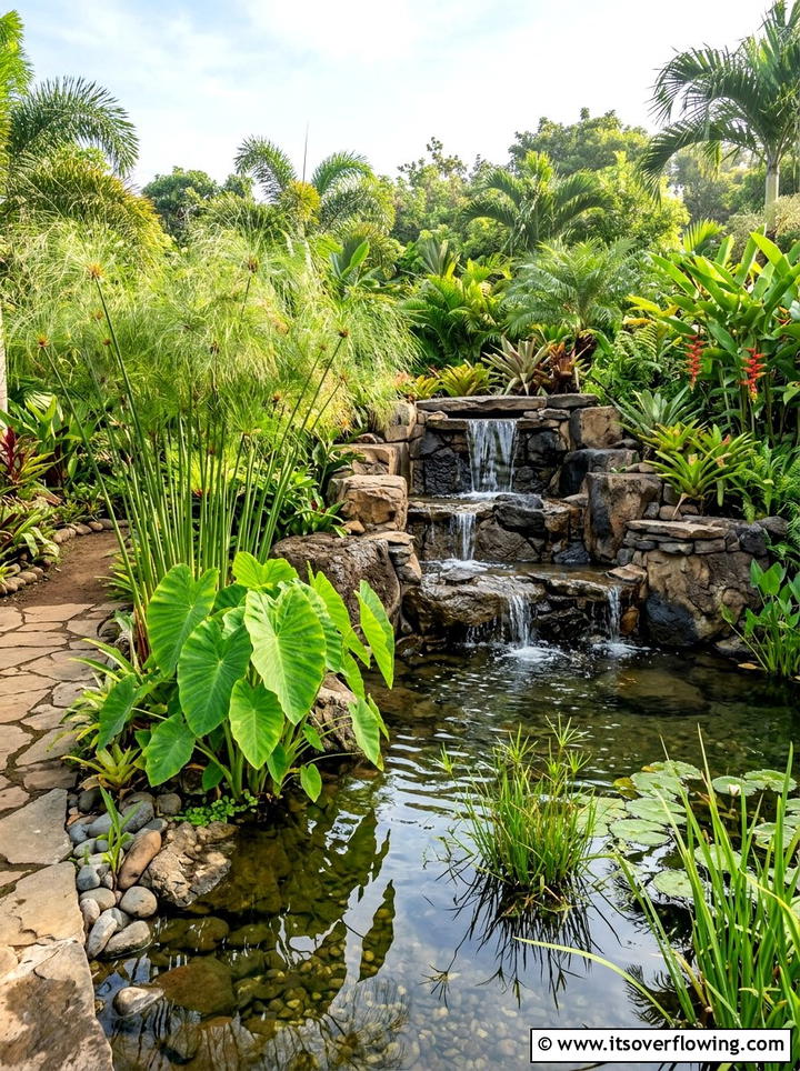 Tropical water feature - 25 garden design ideas with tropical foliage