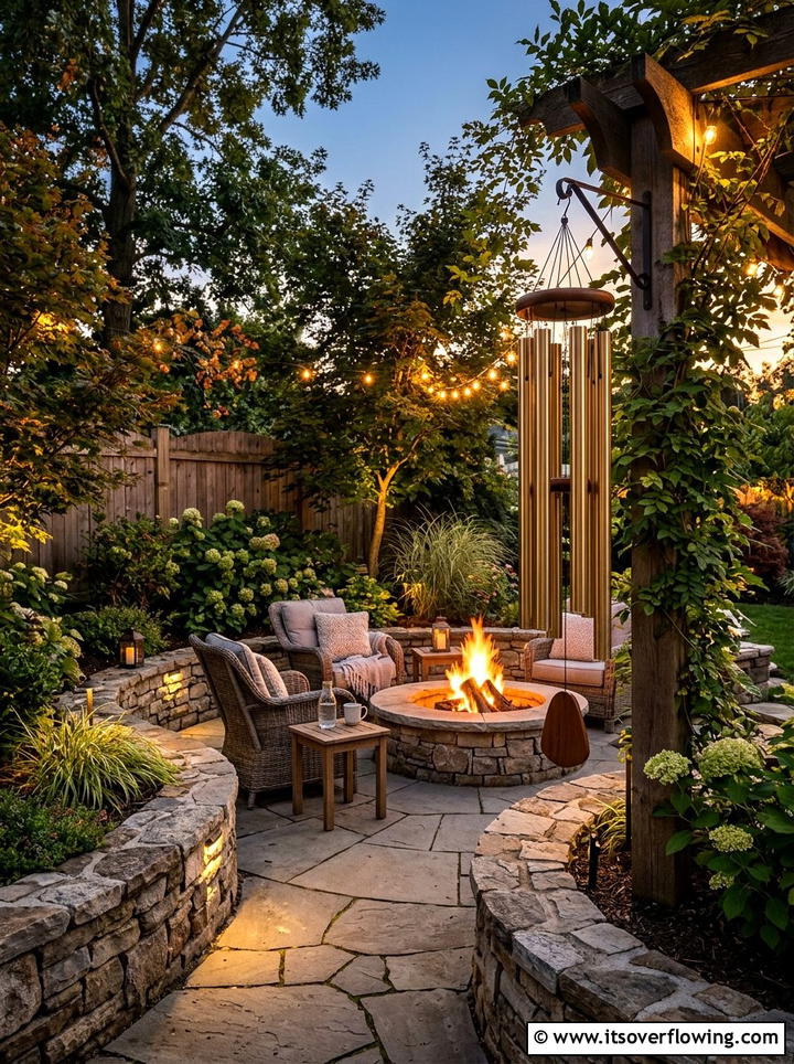 Tubular Wind Chimes Near Seating Area - 25 garden decor ideas with wind chimes