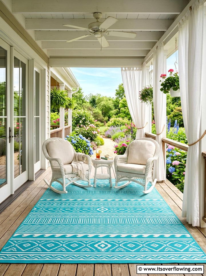Turquoise rug for sunroom porch - 25 garden decor ideas with outdoor rugs