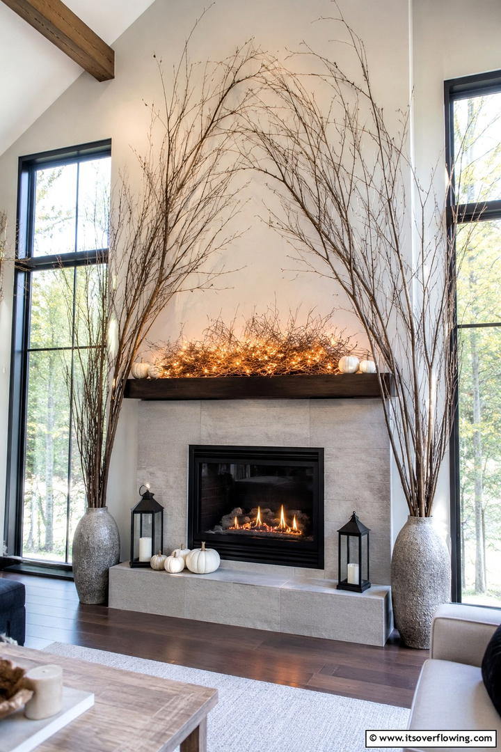 Twig and Branch Architecture - 50 Fall Fireplace Decor Ideas to Warm Autumn Gatherings