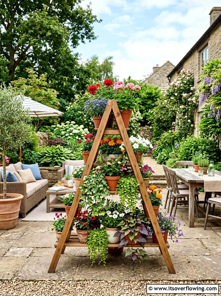 Two Sided Ladder Flower Stand - 25 garden decor ideas with floral ladders