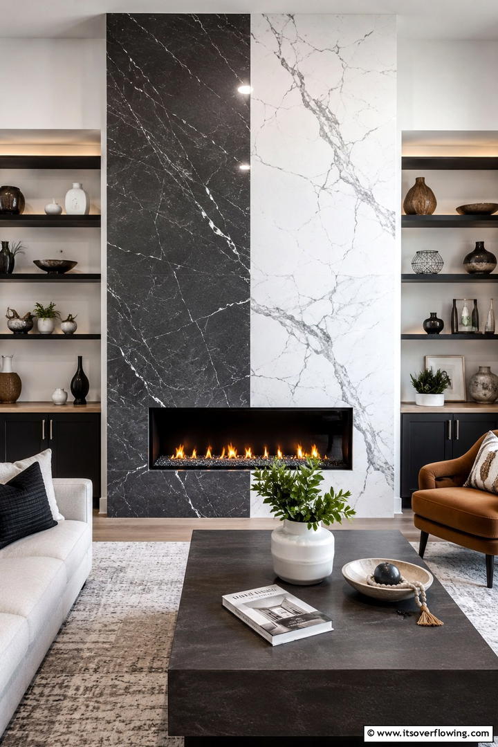 Two Toned Marble Elegance - 25 Elegant Marble Fireplace Ideas for a Luxurious Look