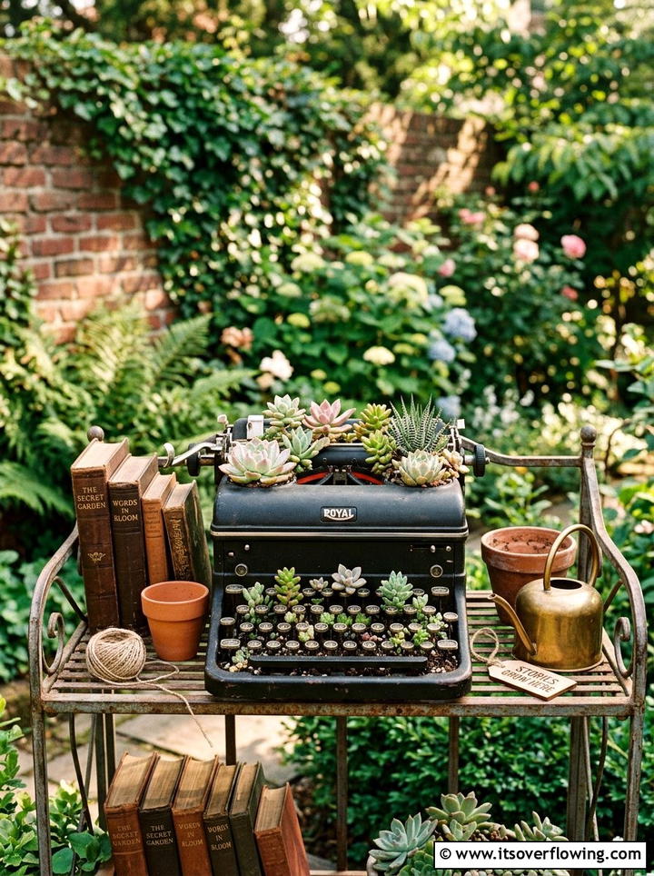 Typewriter Succulent Display - 25 upcycled garden ideas with succulent planters