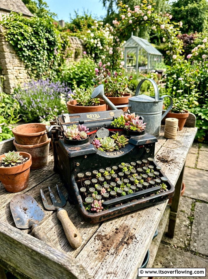 Typewriter Succulent Planter - 25 reusing old things ideas for flower garden