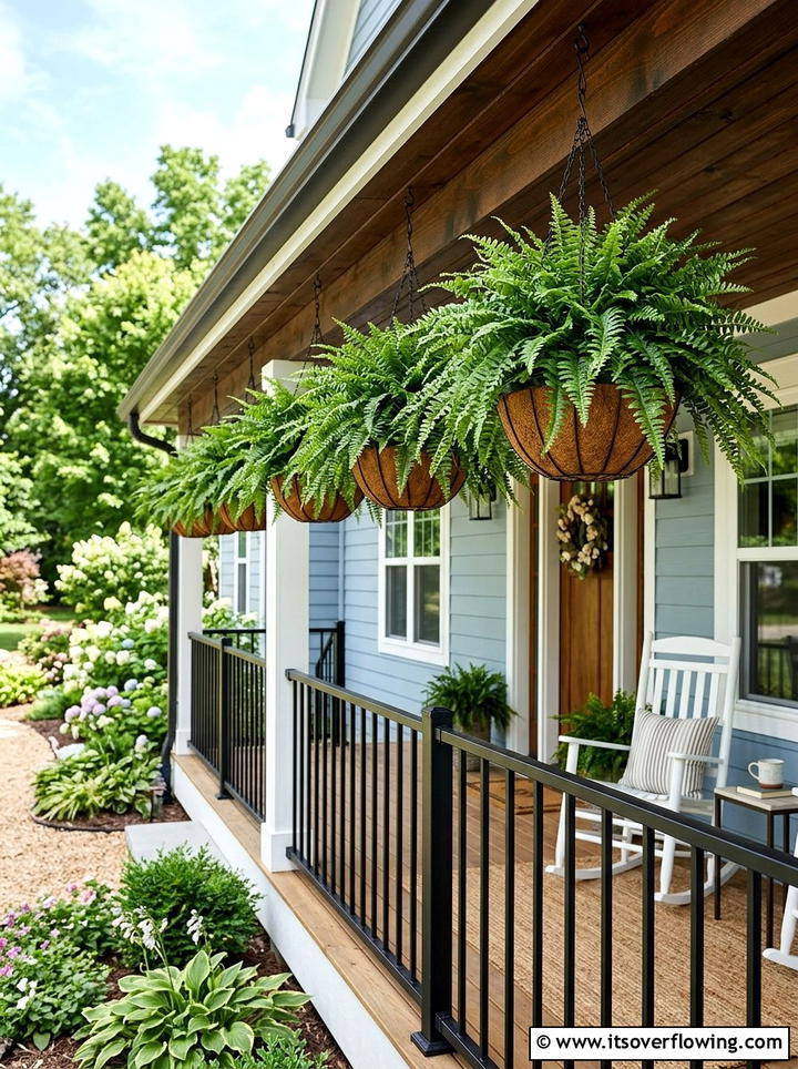 UV resistant hanging ferns - 25 front porch ideas with faux plants