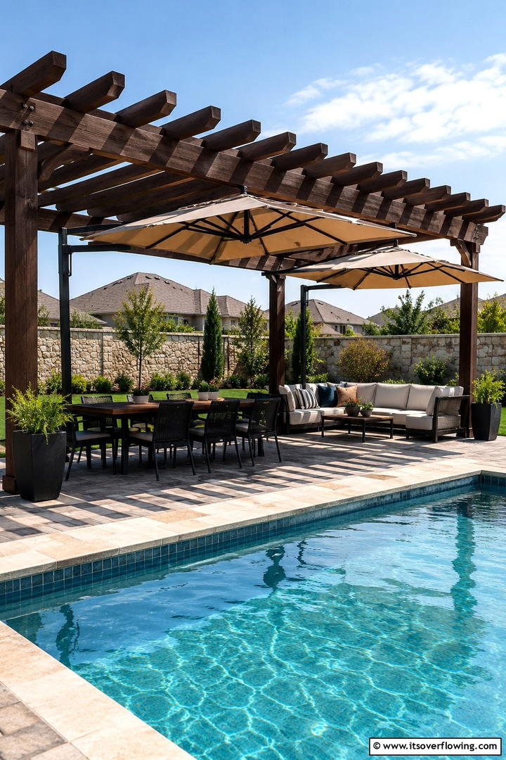Umbrella Pergola Combo for Dual Benefits - 30 Pool Shade Ideas for a Cool and Relaxing Oasis