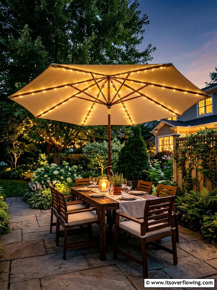 Umbrella fairy lights - 25 garden decor ideas with fairy lights