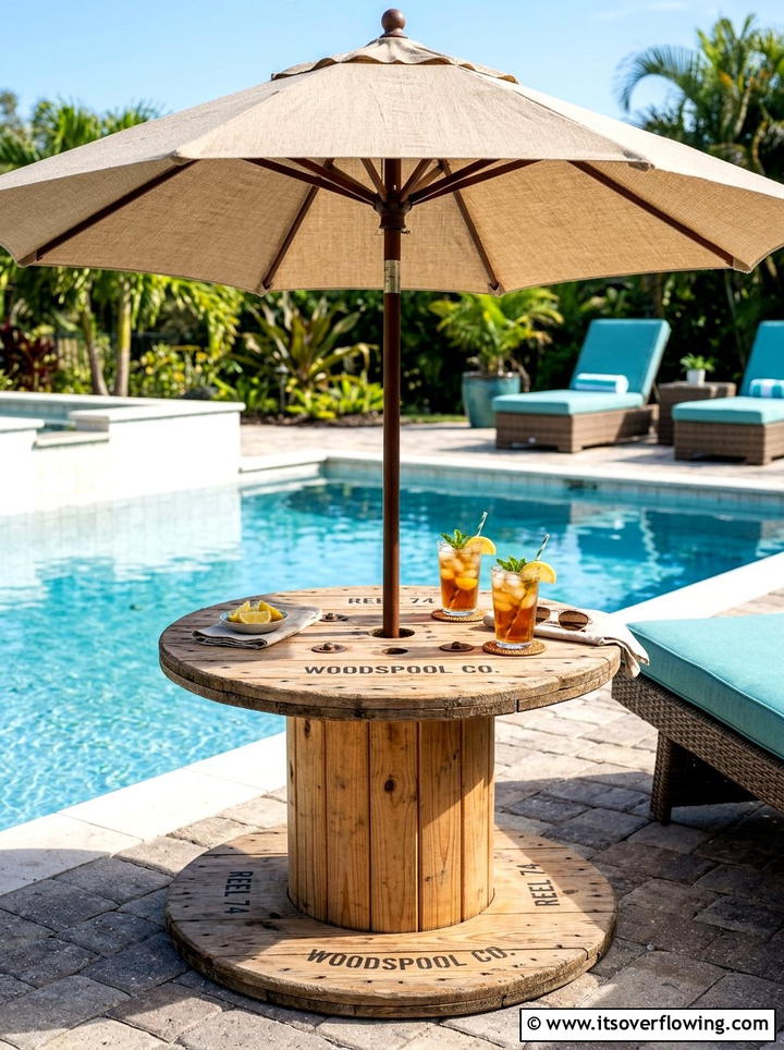 Umbrella stand table - 25 recycled garden ideas with cable spools