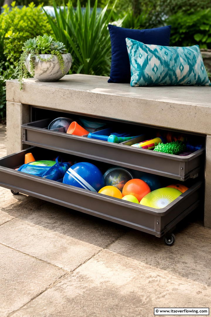 Under Bench Toy Organizer - 30 Outdoor Toy Storage Ideas to Keep Your Yard Clutter-Free