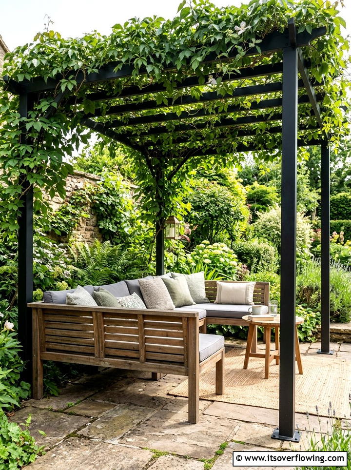 Under Pergola Bench - 25 backyard ideas with built in seating