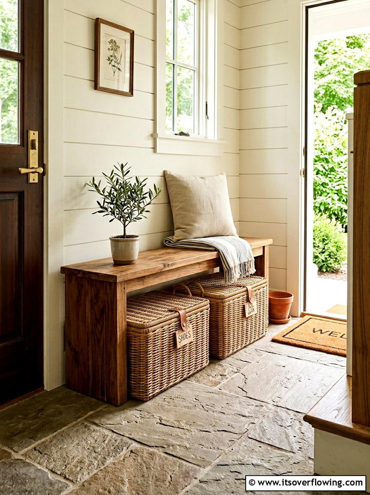 Under bench wicker bin organization - 25 front porch ideas with shoe storage