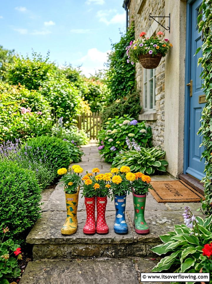 Upcycled Boot Planters - 25 recycled garden ideas for front yard decor