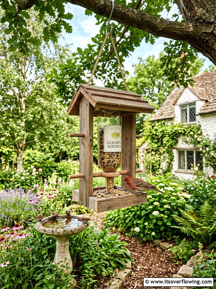 Upcycled Bottle Bird Feeder - 25 recycled garden ideas with glass bottles