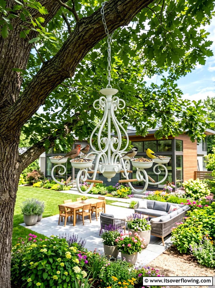 Upcycled Chandelier Bird Feeder - 25 upcycled garden ideas with modern style
