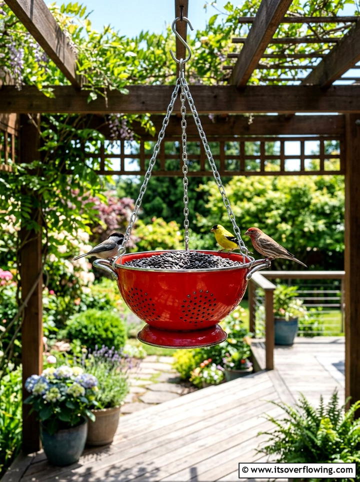Upcycled Colander Bird Feeder - 25 upcycled garden ideas with bird feeders