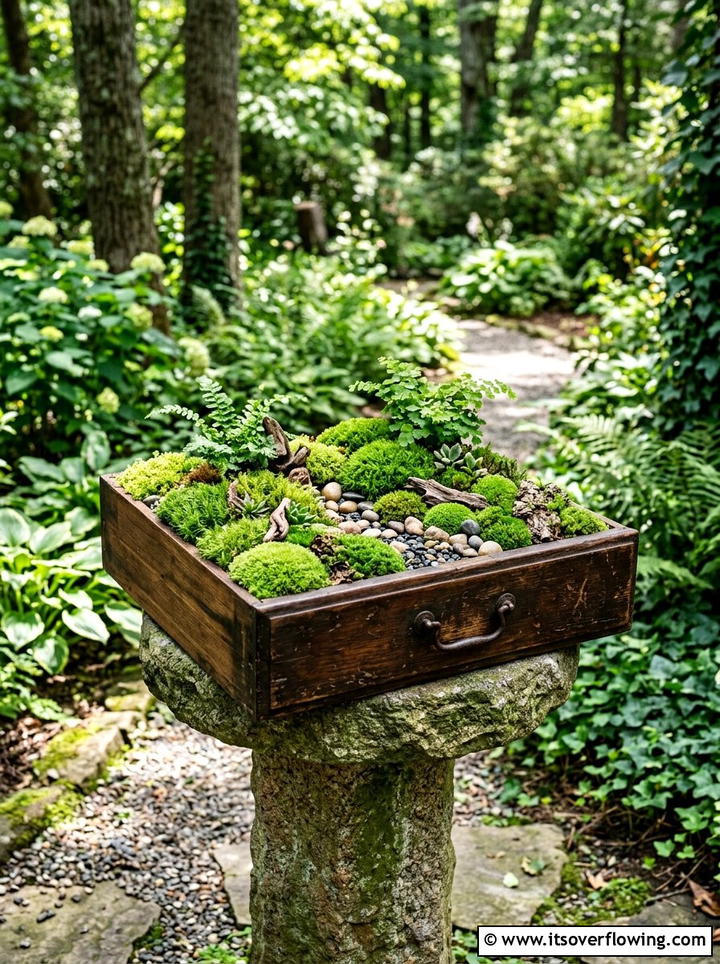 Upcycled Drawer Moss Garden - 25 upcycled garden ideas for shaded spaces