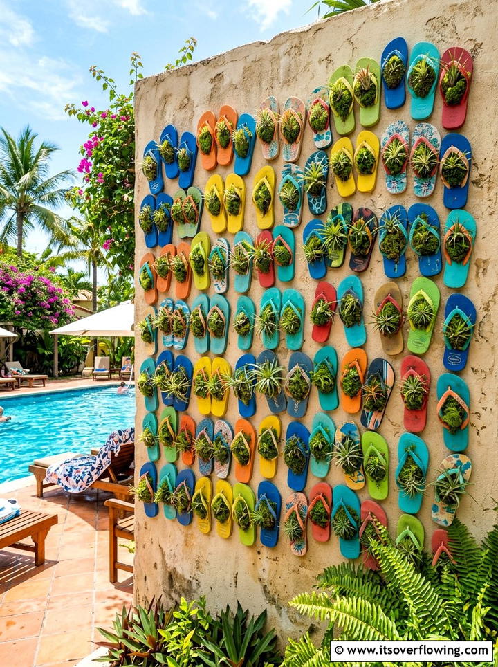 Upcycled Flip Flop Wall - 25 creative garden ideas with shoe planter wall