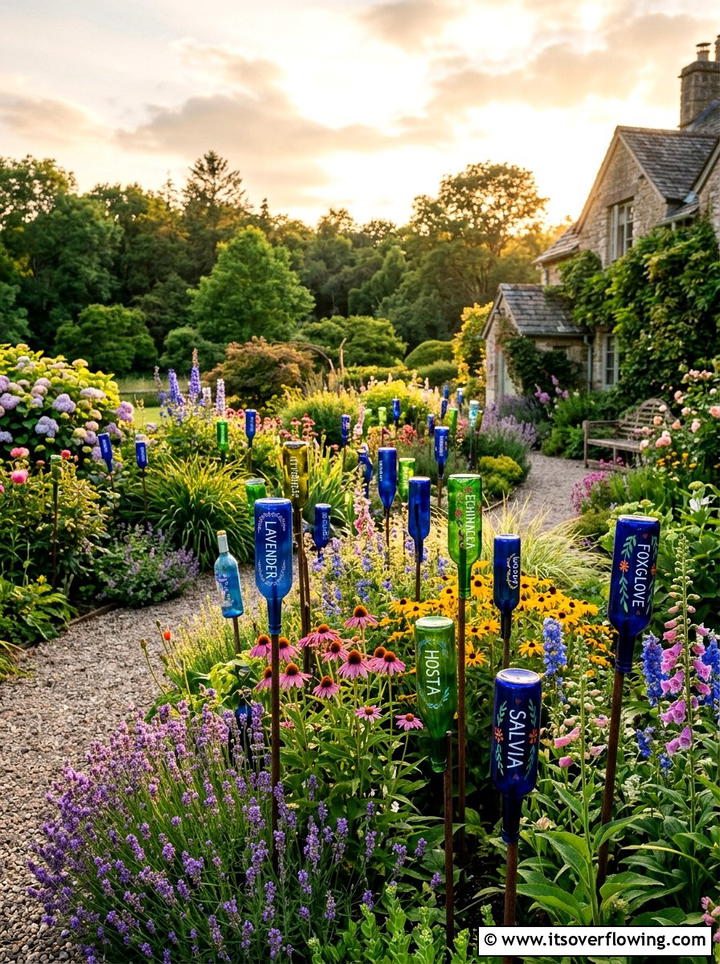 Upcycled Glass Bottle Labels - 25 garden ideas with plant markers